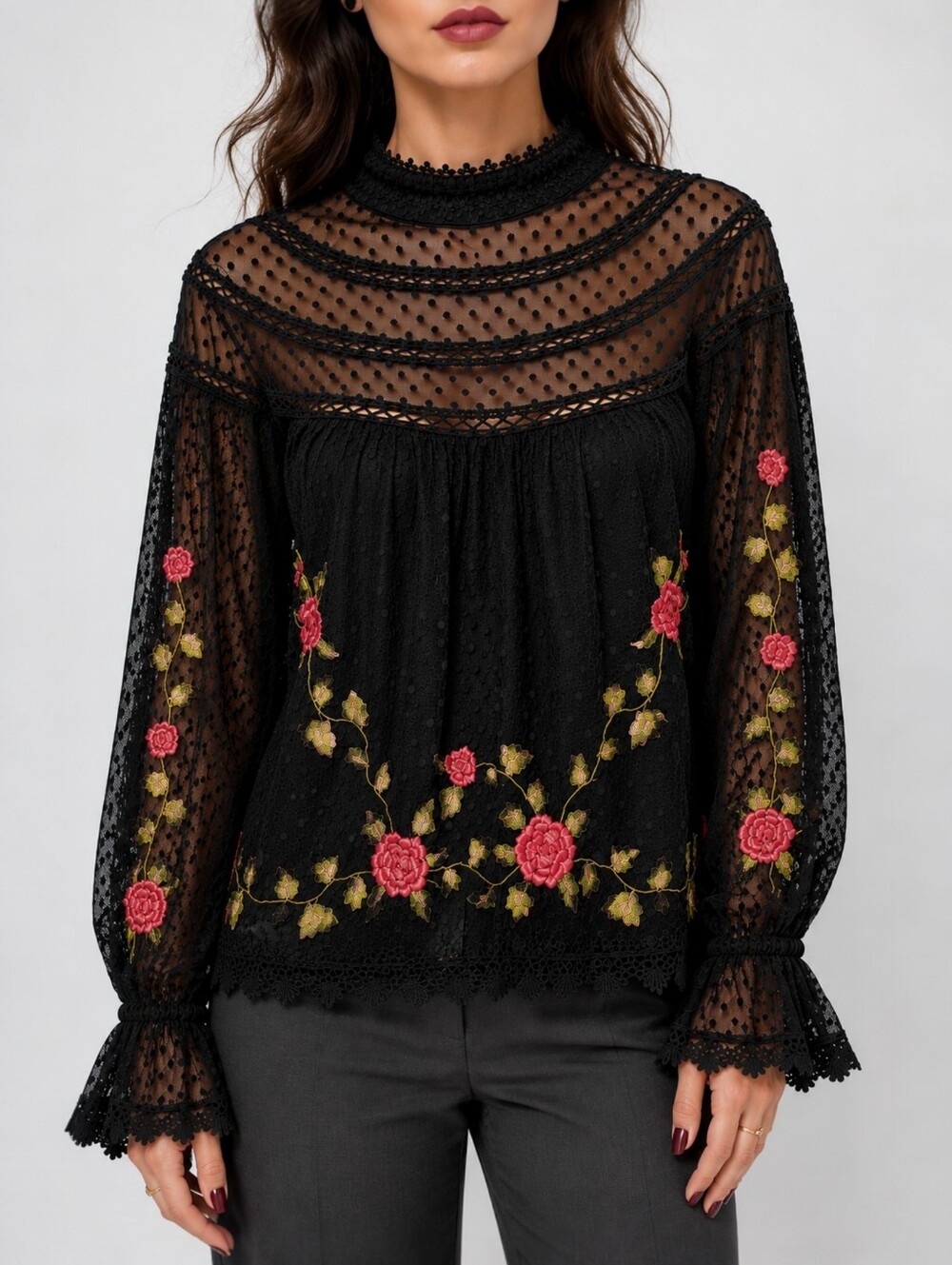 Saylor Sheer Mesh Embroidered Floral Mock Neck Bishop Sleeve Blouse Black S